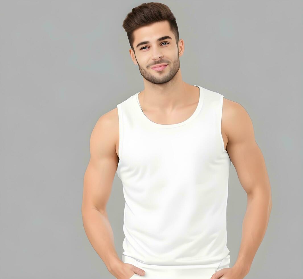 Young man wearing blank white tank top mockup print presentation mockup ai generate photo