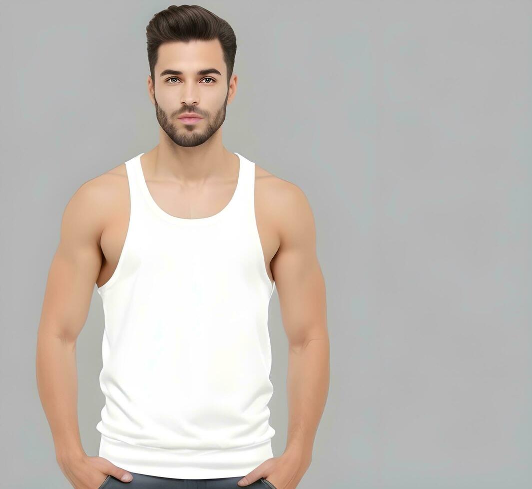 Young man wearing blank white tank top mockup print presentation mockup ai generate photo