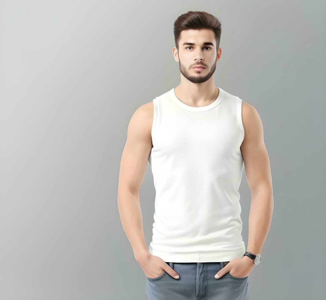 Young man wearing blank white tank top mockup print presentation mockup ai generate photo