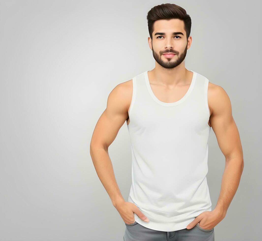 Young man wearing blank white tank top mockup print presentation mockup ai generate photo