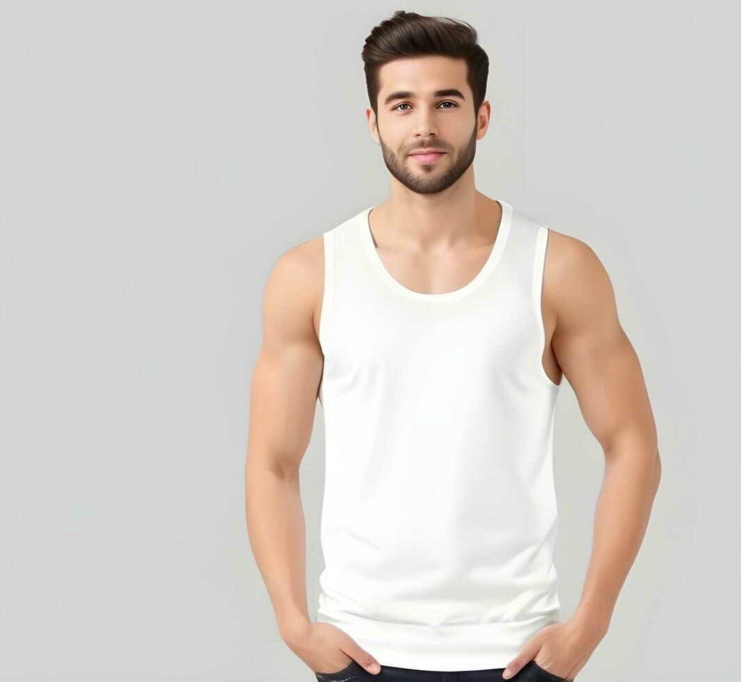 Young man wearing blank white tank top mockup print presentation mockup ai generate photo