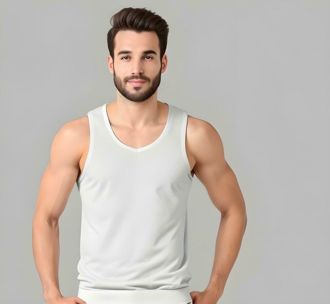 Young man wearing blank white tank top mockup print presentation mockup ai generate photo