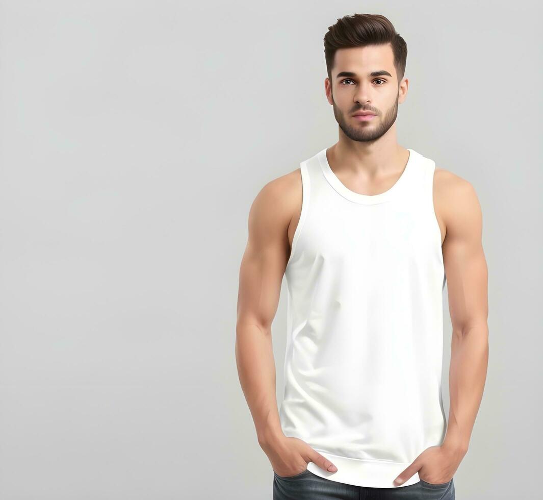 Young man wearing blank white tank top mockup print presentation mockup ai generate photo