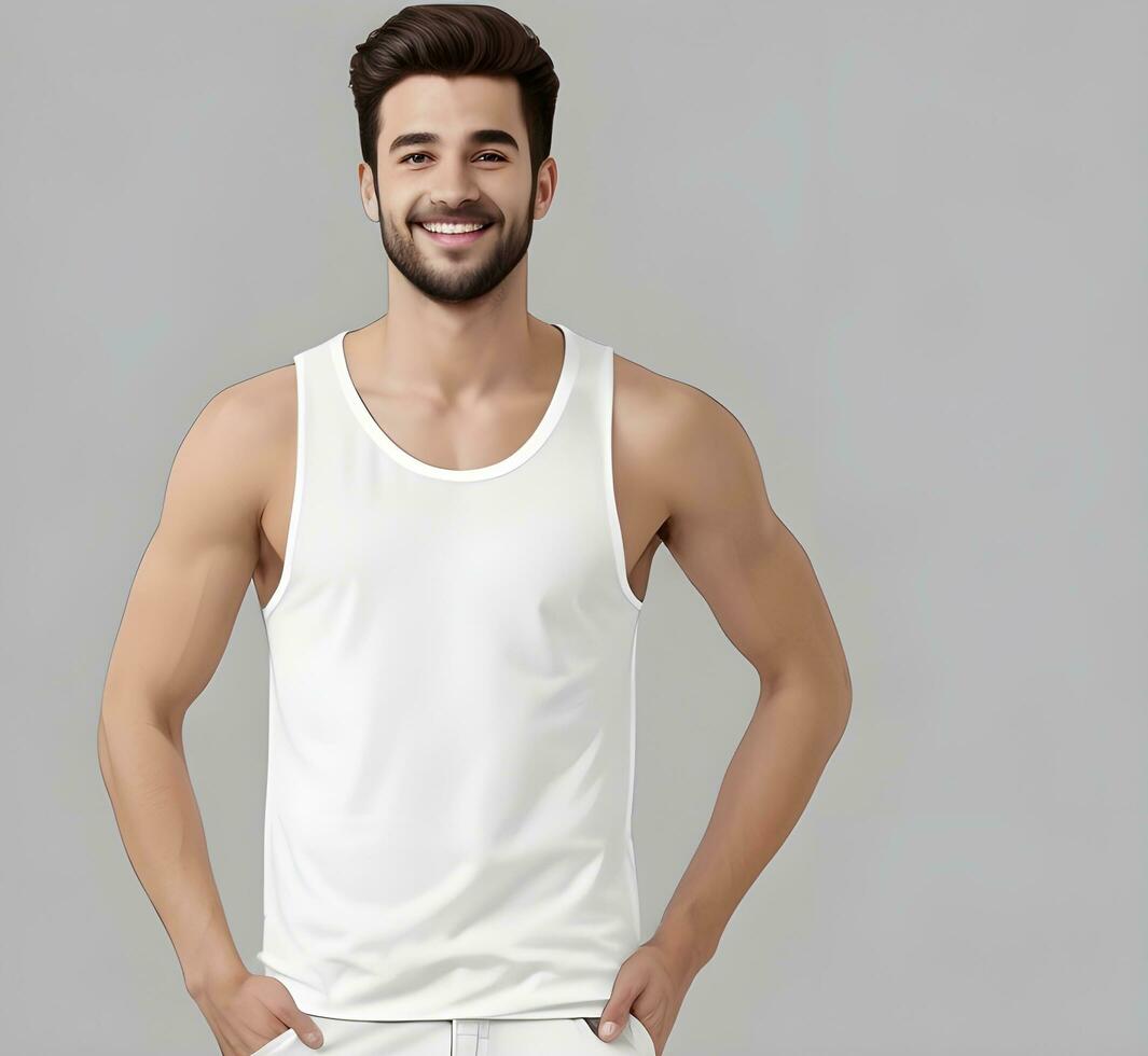 Young man wearing blank white tank top mockup print presentation mockup ai generate photo