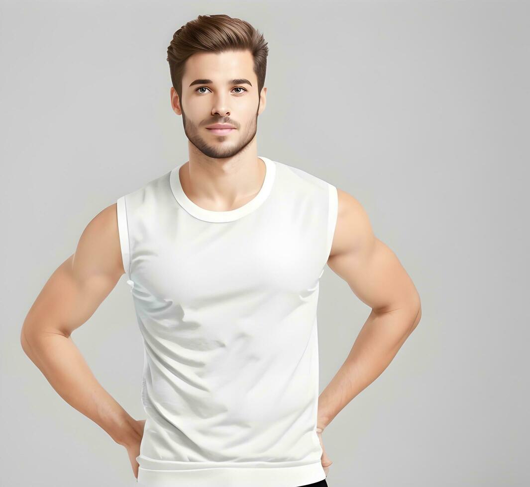 Young man wearing blank white tank top mockup print presentation mockup ai generate photo