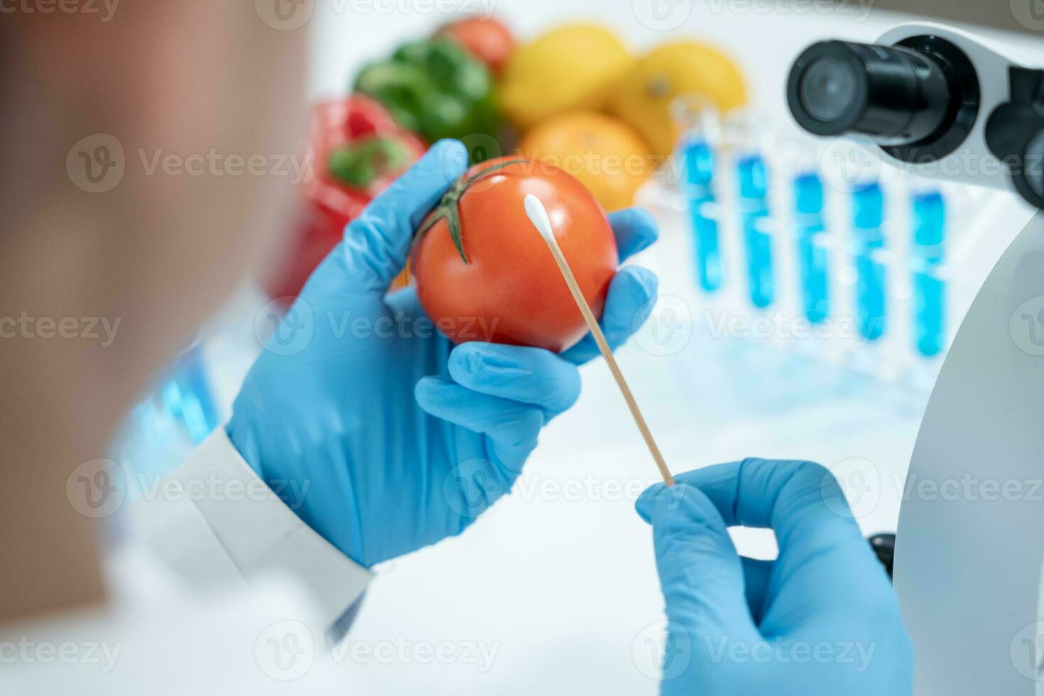 Scientist check chemical food residues in laboratory. Control experts inspect quality of fruits, vegetables. lab, hazards, ROHs, find prohibited substances, contaminate, Microscope, Microbiologist photo