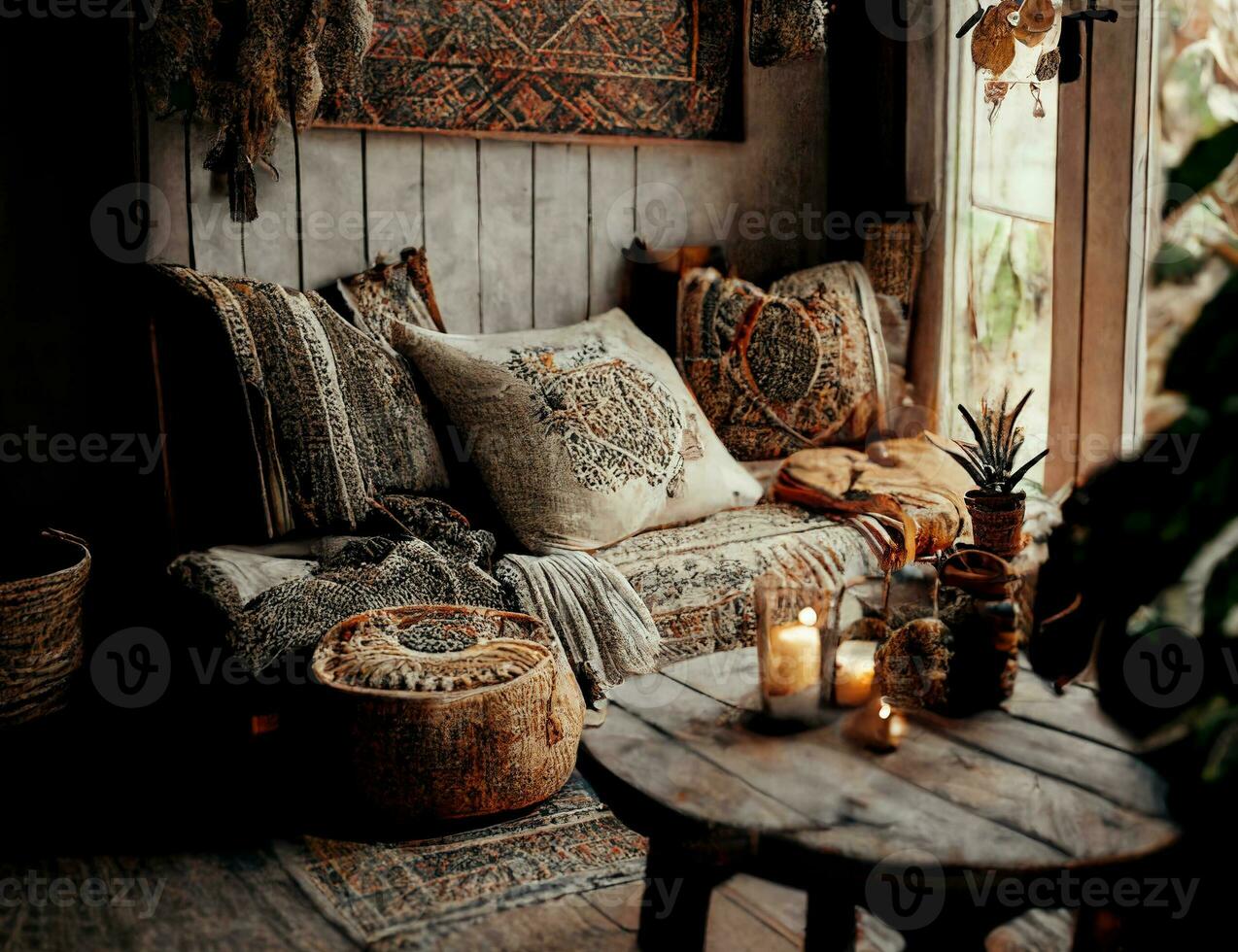 Cozy interior in the Bohemian style, created with generative AI photo