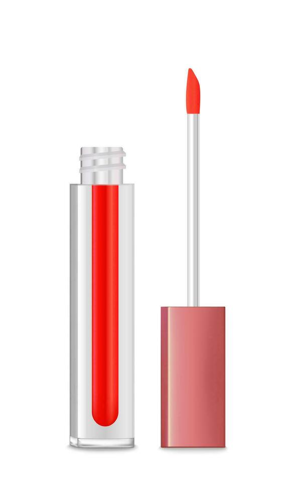 Lip gloss tube template. Lip cream plastic transparent bottle with gold cap isolated on white background. 3d realistic vector packaging.