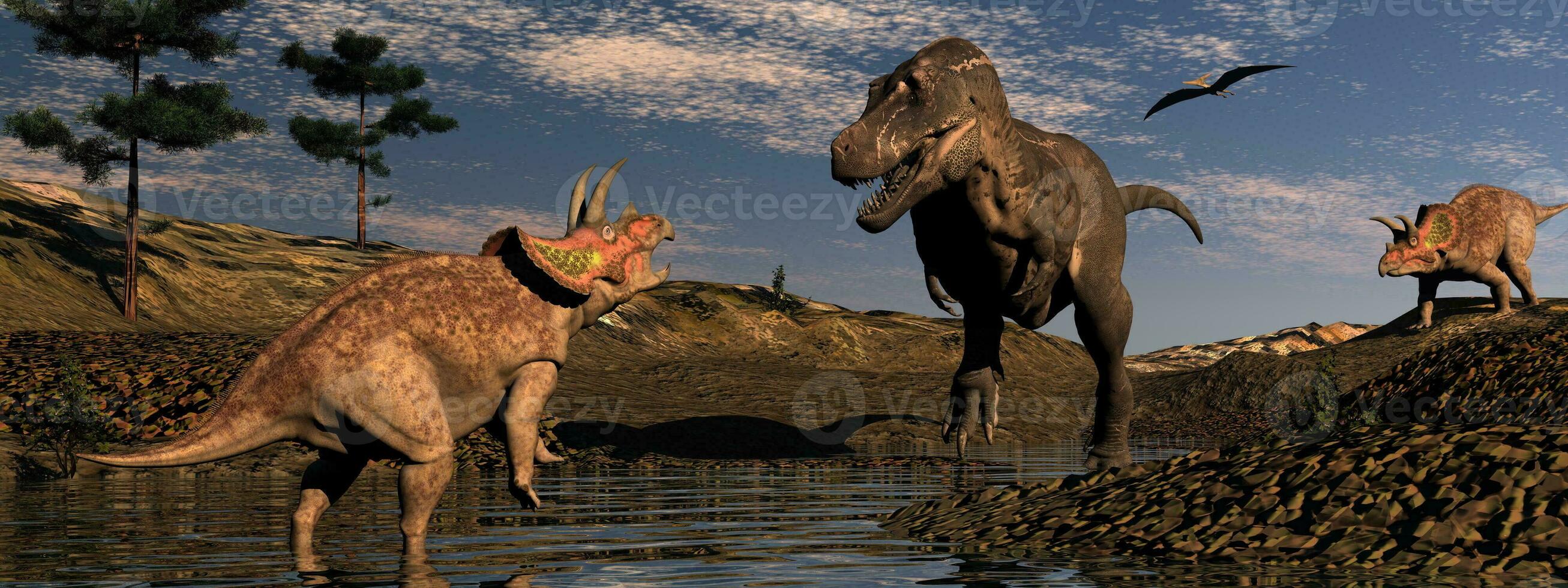 dinosaurio paisaje con tiranosaurio y triceratops - 3d hacer foto