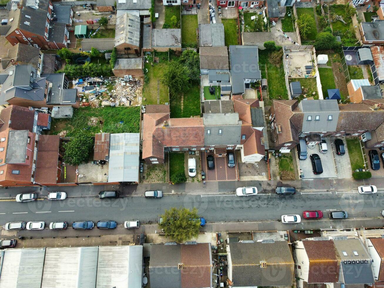 Aerial View of Residential Real Estate with Industrial Estate Combined District of North of Luton City of England, Great Britain, UK.  Footage Was Captured with Drone's Camera on September 7th, 2023 photo