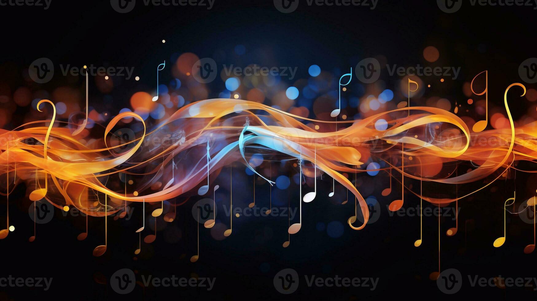 image of abstract music background with notes and bokeh lights, illustration music icon song time wavy shape Generative AI photo