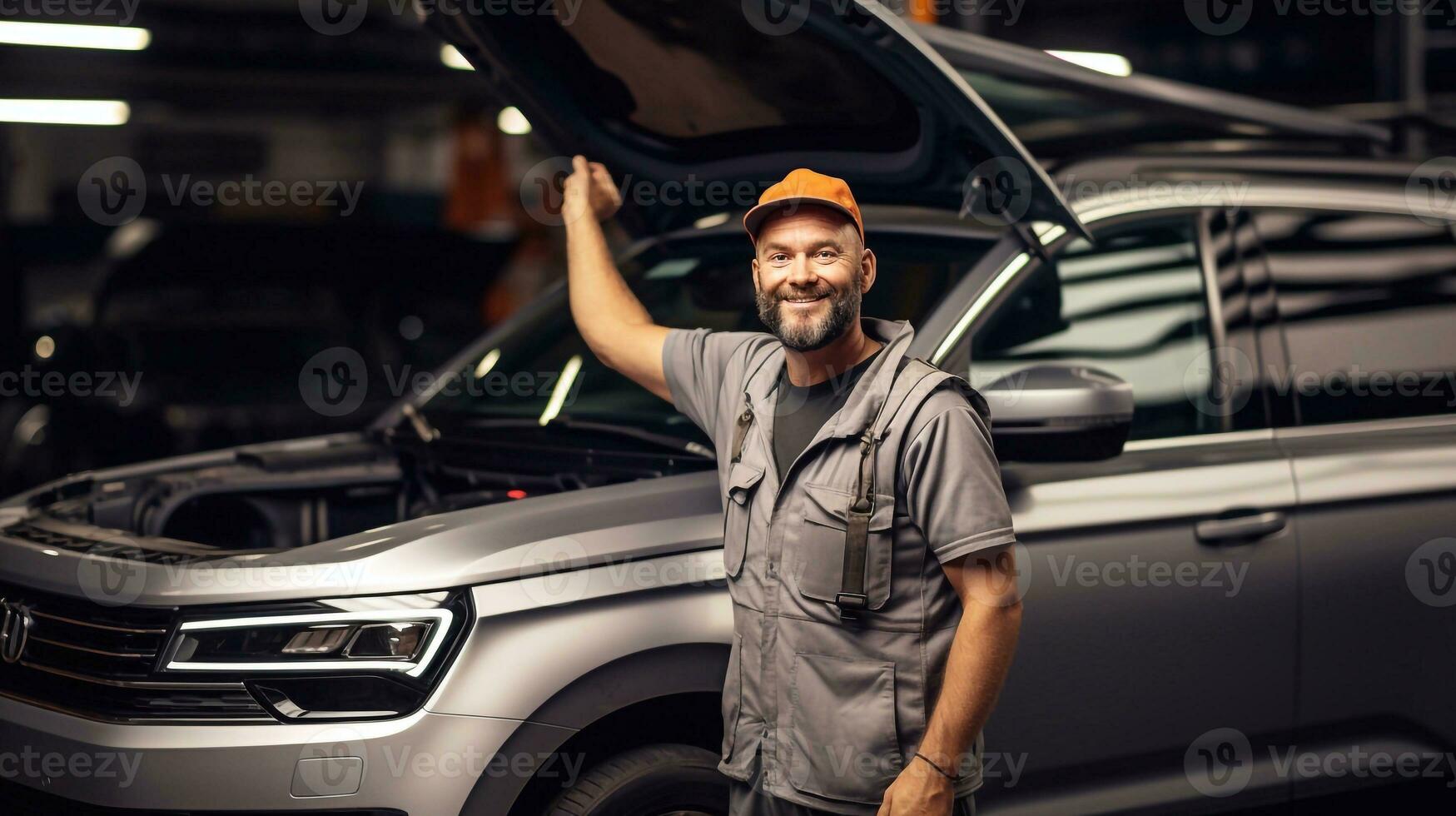 Young beautiful male in cap standing near car and looking at camera. at work shop open car bonnet Generative AI photo