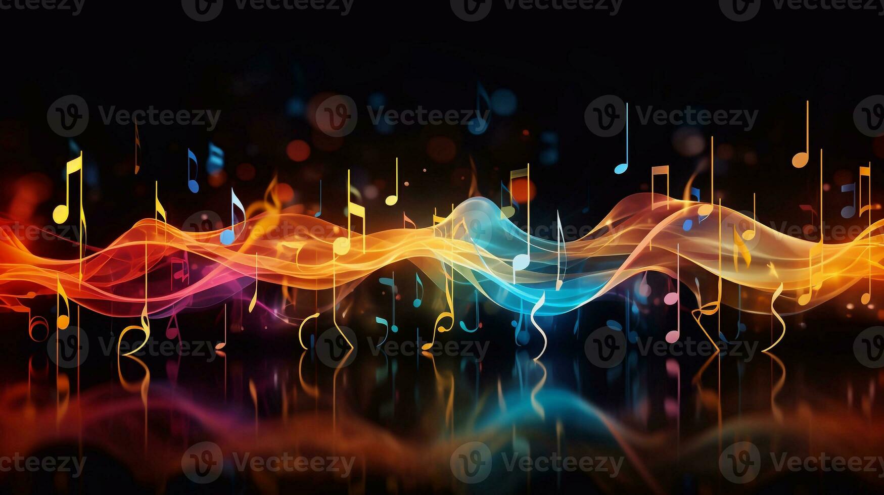 imagen de resumen música antecedentes con notas y bokeh luces, ilustración música icono canción hora ondulado forma generativo ai foto