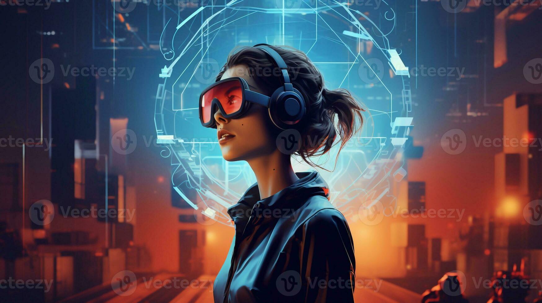 Young girl wearing virtual reality goggles in futuristic interior. 3D rendering technology Generative AI photo