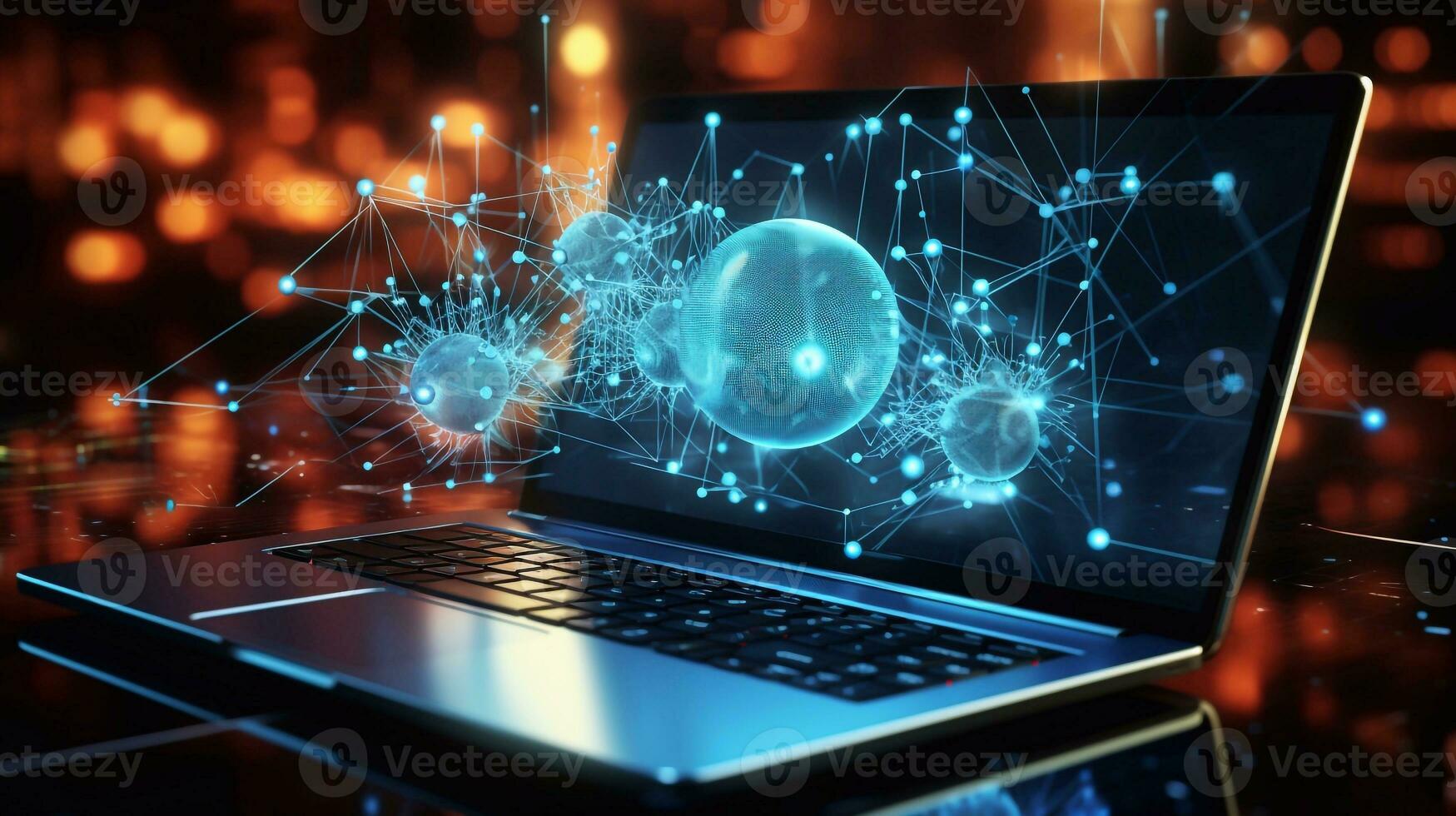Laptop with abstract global network hologram in office cabin on blurry background 3D rendering Generative AI photo