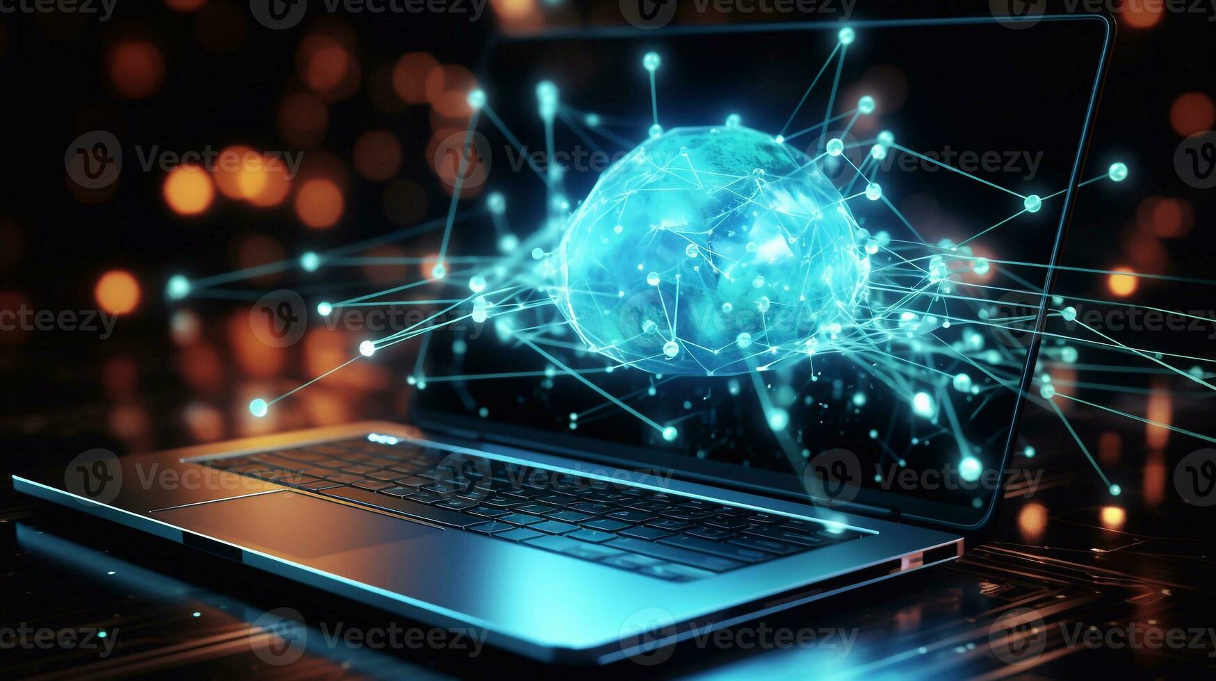 Laptop with abstract global network hologram on blurry background 3D rendering Generative AI photo