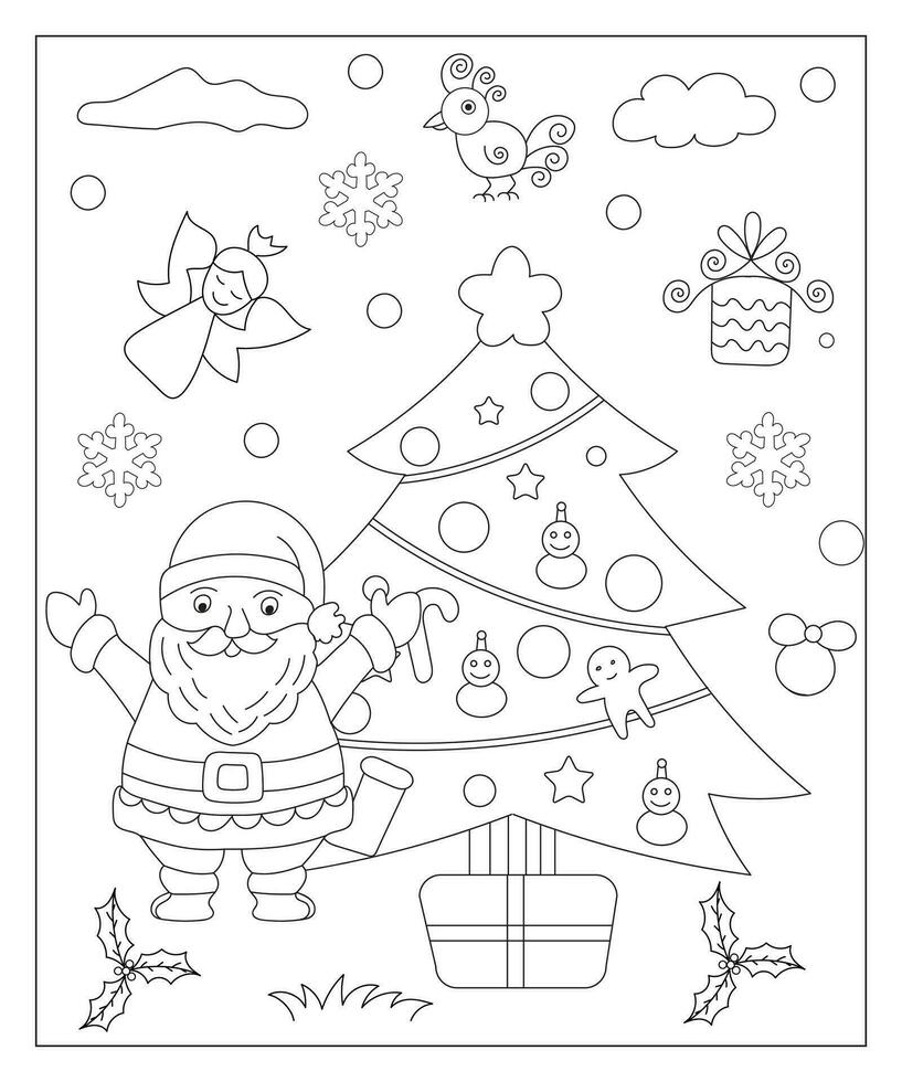 Coloring page of a decorated Christmas tree with gifts. Vector black and white illustration on white background.
