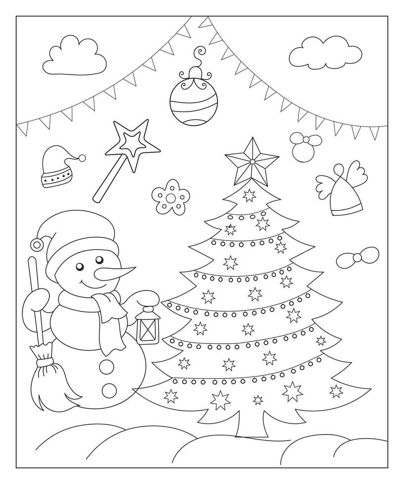 Coloring page of a decorated Christmas tree with gifts. Vector black and white illustration on white background.