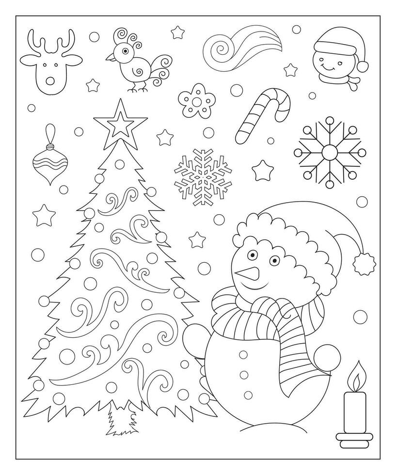 Coloring page of a decorated Christmas tree with gifts. Vector black and white illustration on white background.