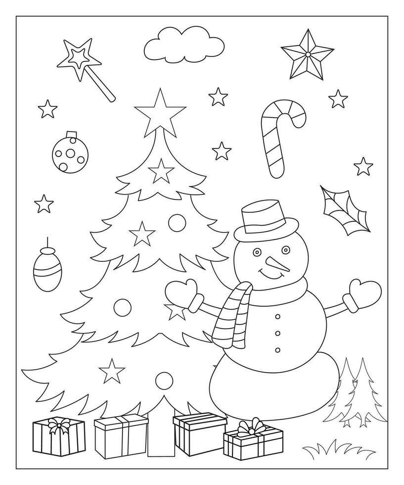 Coloring page of a decorated Christmas tree with gifts. Vector black and white illustration on white background.