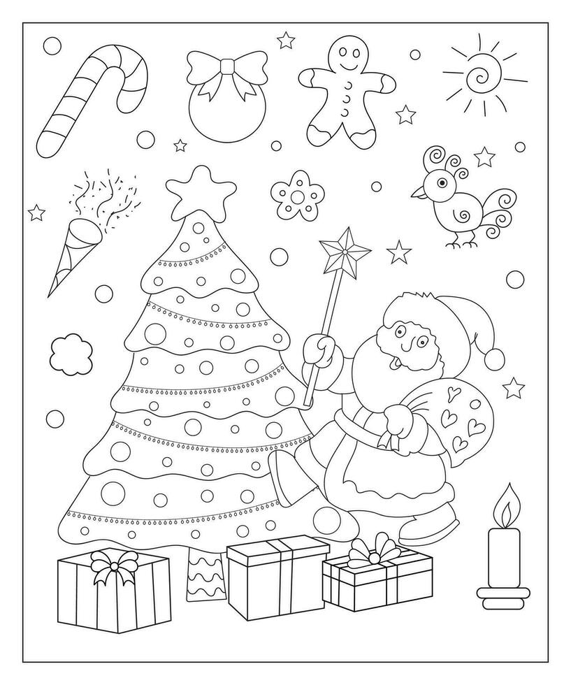 Coloring page of a decorated Christmas tree with gifts. Vector black and white illustration on white background.