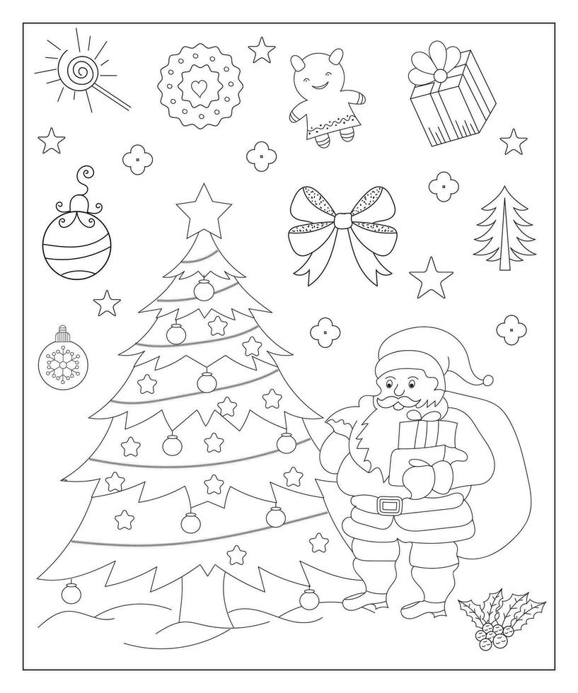 Coloring page of a decorated Christmas tree with gifts. Vector black and white illustration on white background.