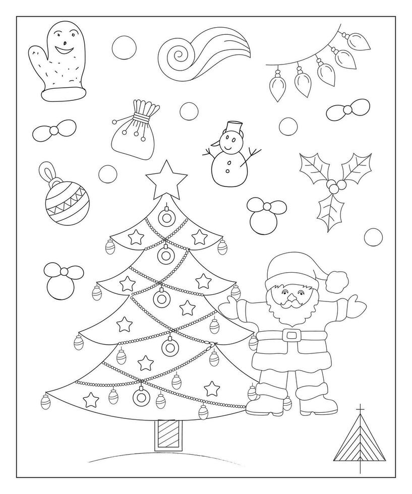 colorante página de un decorado Navidad árbol con regalos. vector negro y blanco ilustración en blanco antecedentes.