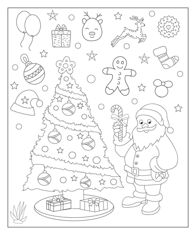 Coloring page of a decorated Christmas tree with gifts. Vector black and white illustration on white background.