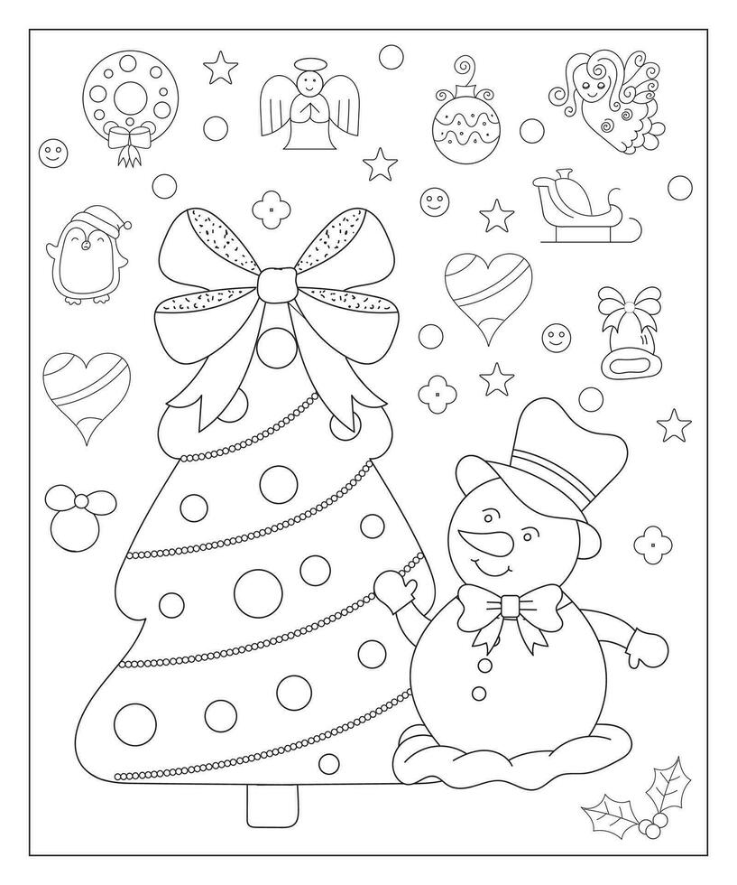 colorante página de un decorado Navidad árbol con regalos. vector negro y blanco ilustración en blanco antecedentes.