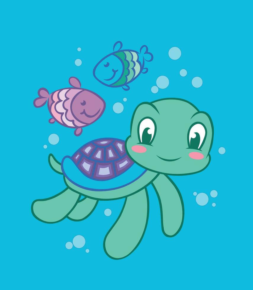 Cute Turtle With Fishes And Bubbles vector