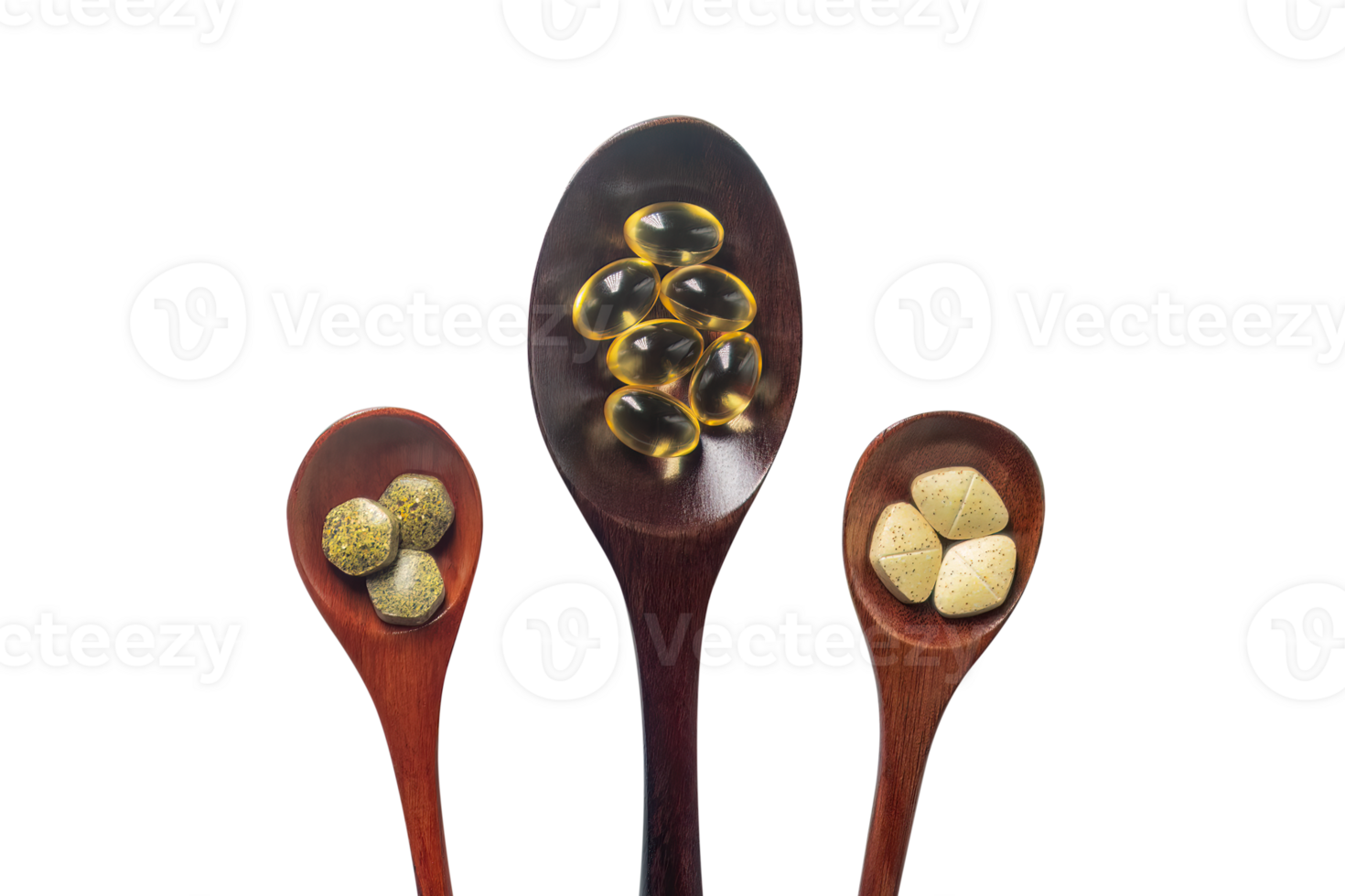 Top view variety of vitamins, minerals, and fish oil in pill form on a wooden spoon isolated on a white or transparent background. Dietary food supplements are a new alternative to health care. png