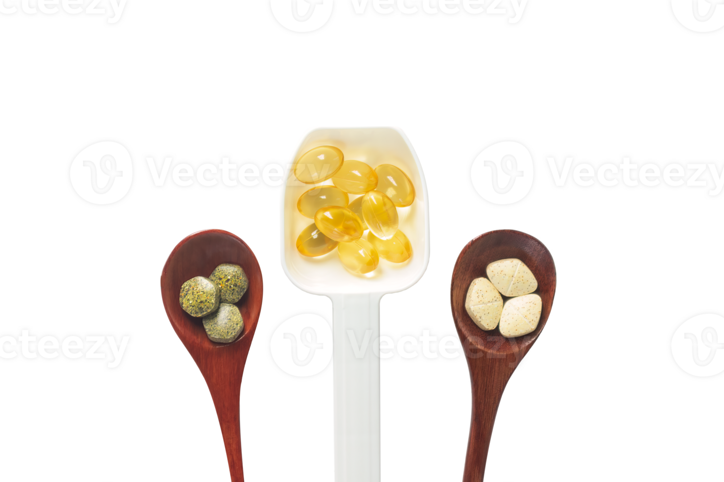 Top view variety of vitamins, minerals, and fish oil in pill form on a wooden spoon isolated on a white or transparent background. Dietary food supplements are a new alternative to health care. png