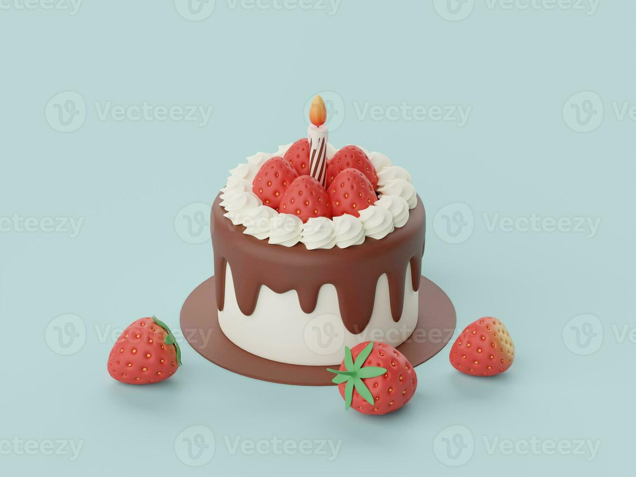 Birthday cake for celebration party, candle, strawberry, Happy Birthday, 3d illustration photo