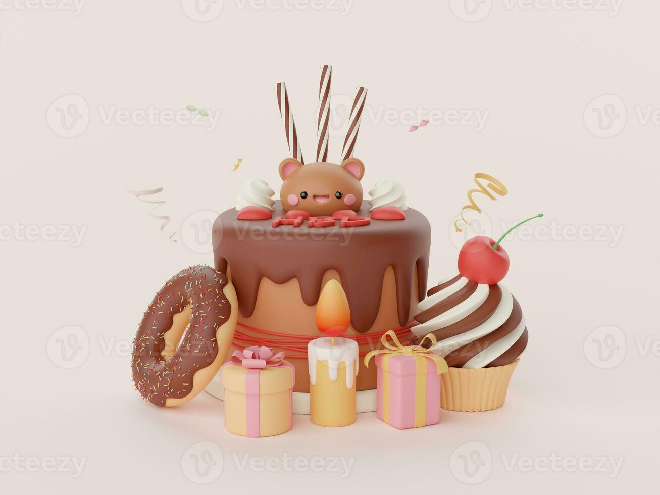cumpleaños pastel para celebracion fiesta, rosquilla, regalo caja, magdalena, contento cumpleaños, 3d ilustración foto