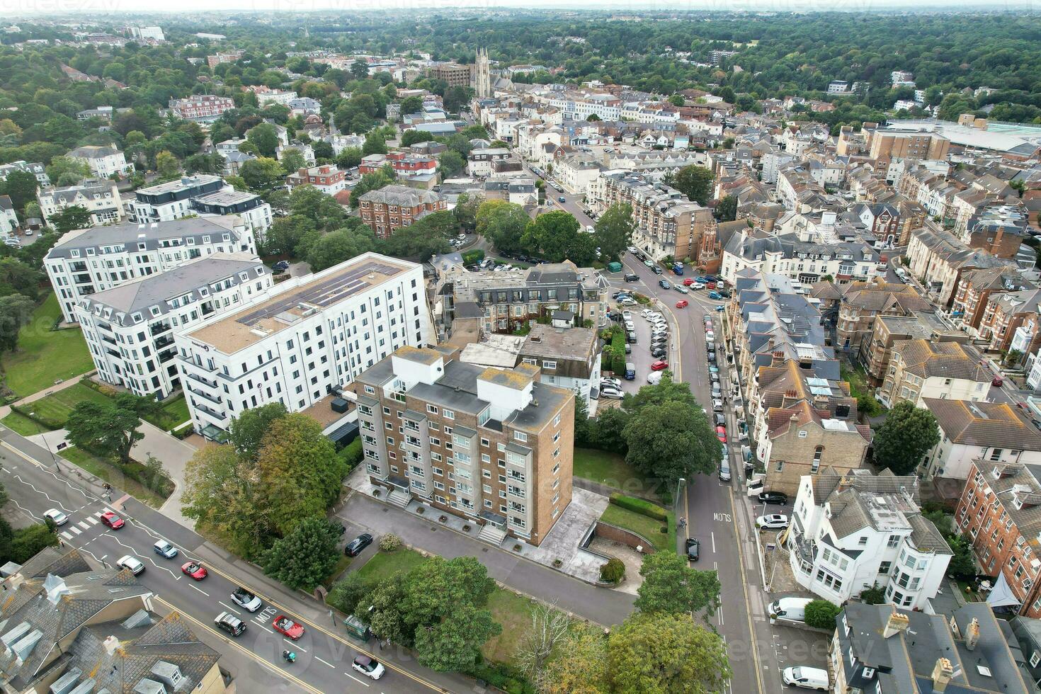 Ariel Footage of Attractive Tourist Destination at Bournemouth City Sandy Beach and Ocean of England Great Britain, Aerial Footage Captured with Drone's Camera on August 23rd, 2023 During sunny Day. photo