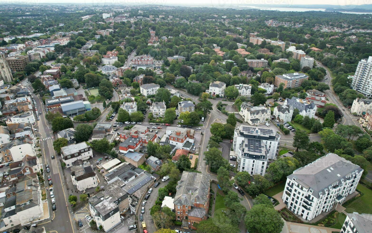 Ariel Footage of Attractive Tourist Destination at Bournemouth City Sandy Beach and Ocean of England Great Britain, Aerial Footage Captured with Drone's Camera on August 23rd, 2023 During sunny Day. photo