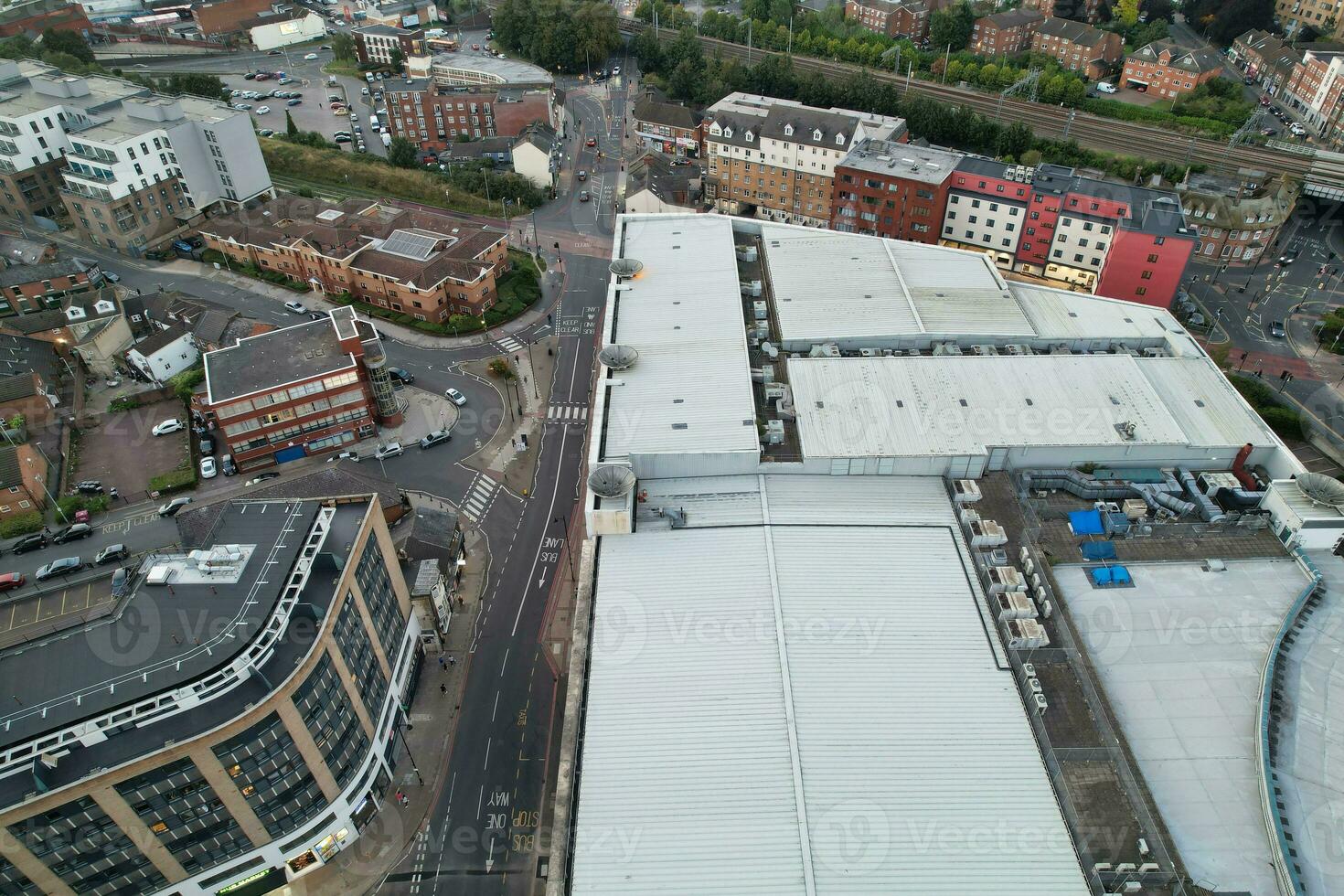 Aerial View of Illuminated Downtown Buildings, Roads and Central Luton City of England UK at Beginning of Clear Weather Night of September 5th, 2023 photo