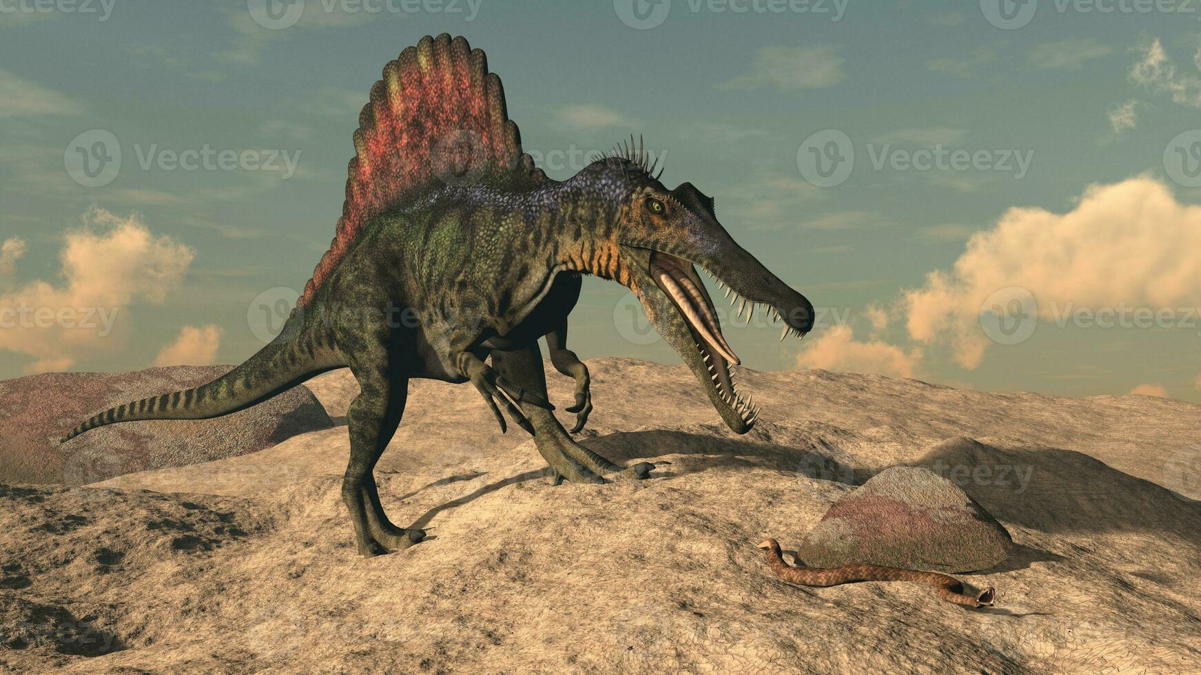 Spinosaurus dinosaur hunting a snake - 3D render photo