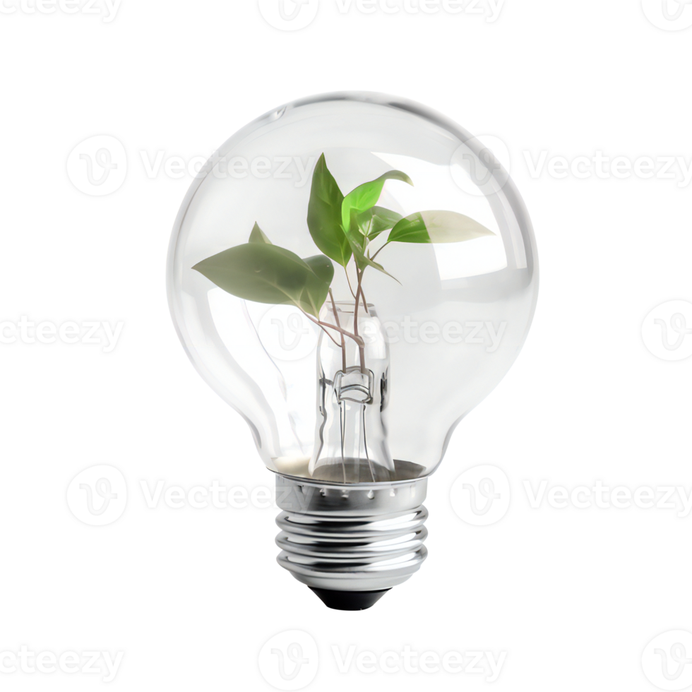 Light bulb with sprout inside isolated on transparent background. Green energy concept AI generated png