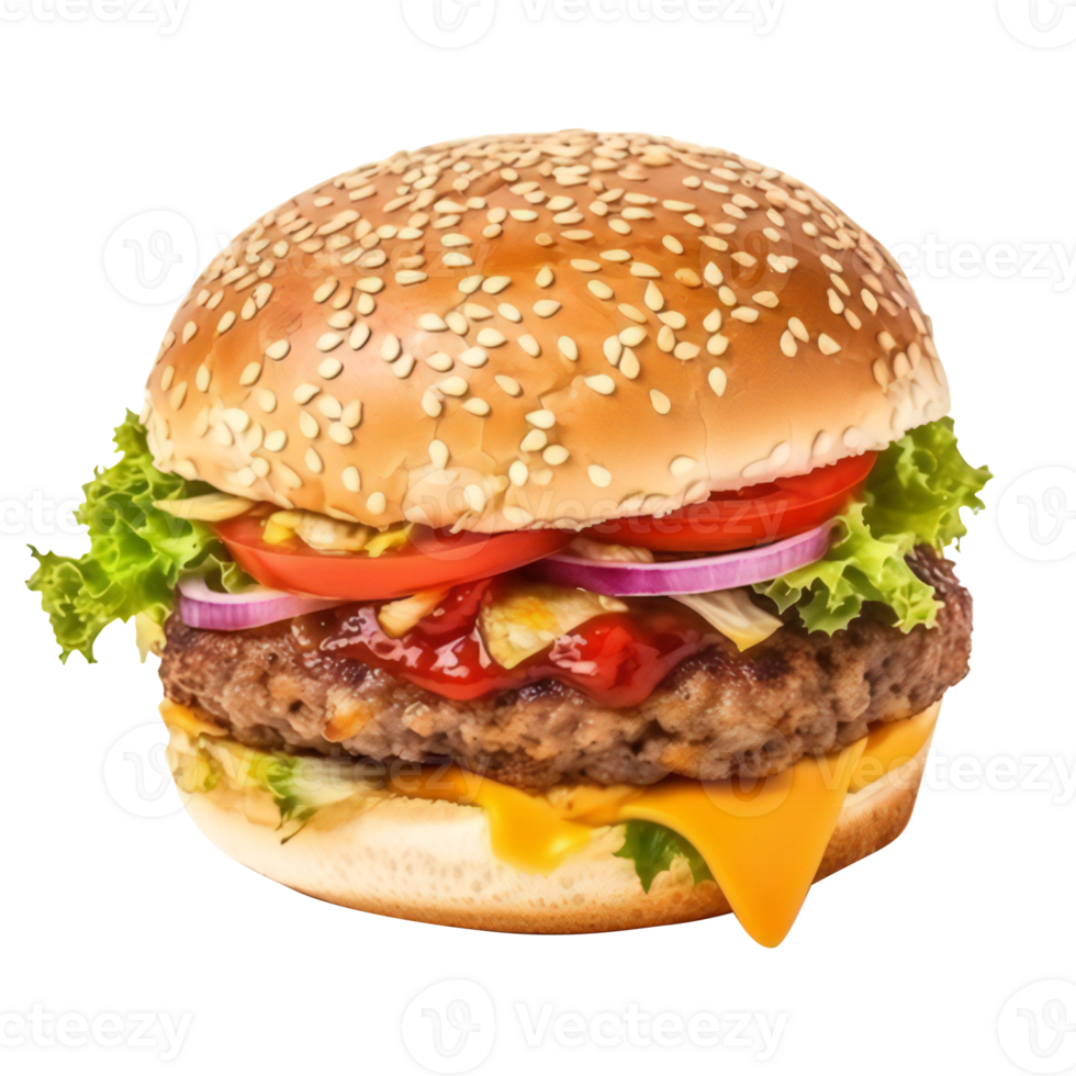 Tasty beef burger with cheese and salad on transparent background AI generated png