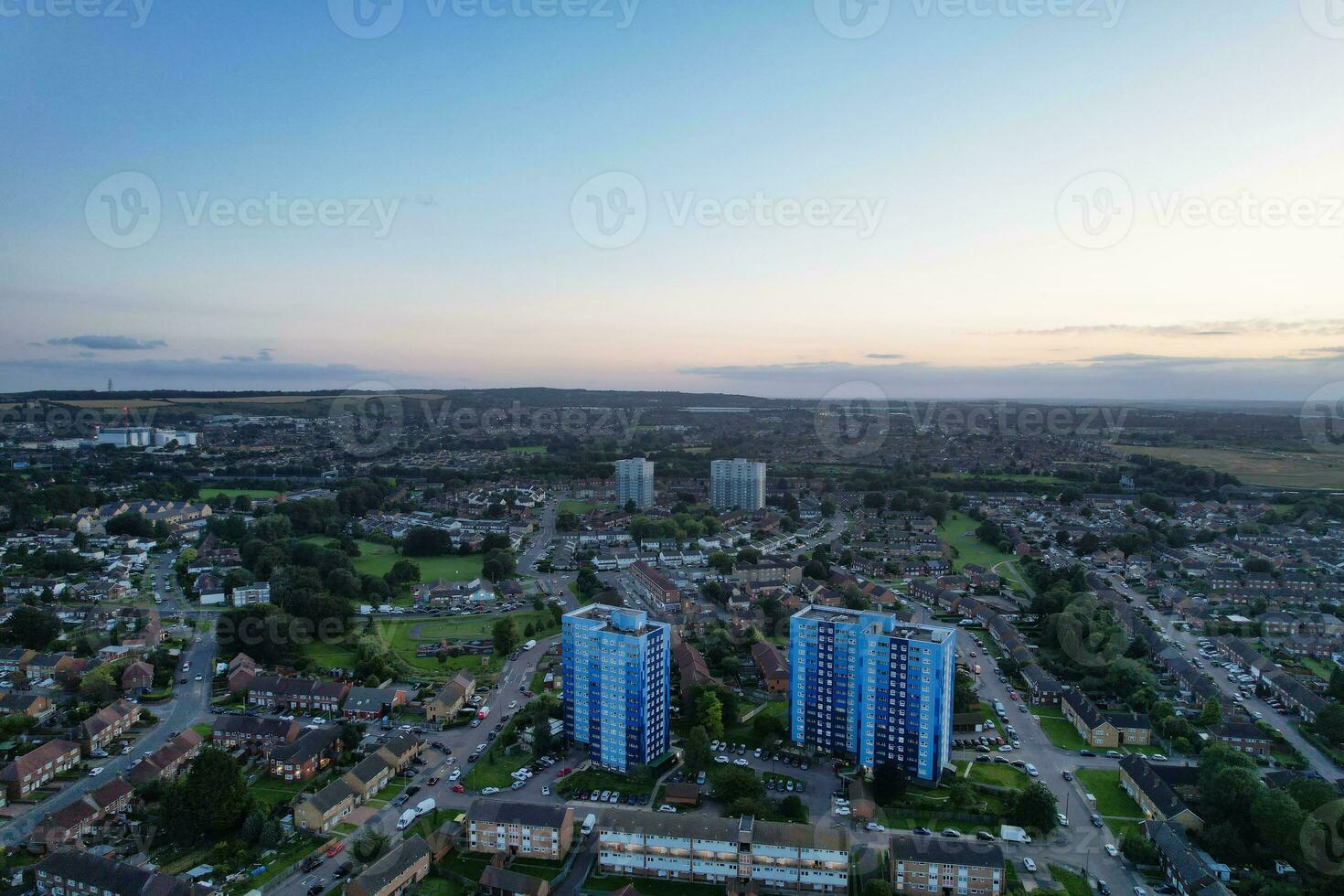 Aerial View of Residential Real Estate Homes at East of Luton City of England, Great Britain. Footage Was Captured with Drone's Camera on August 19th, 2023 During Sunset Time. photo