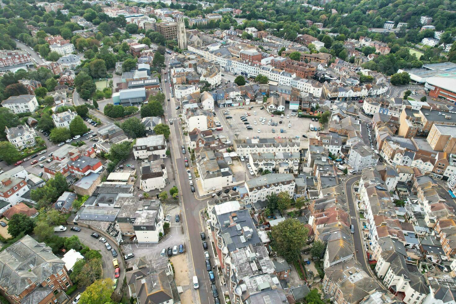 Ariel Footage of Attractive Tourist Destination at Bournemouth City Sandy Beach and Ocean of England Great Britain, Aerial Footage Captured with Drone's Camera on August 23rd, 2023 During sunny Day. photo