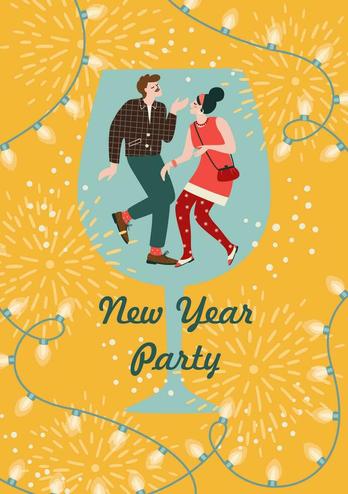 Christmas and Happy New Year illustration of dance party. Trendy retro style. Vector design template.