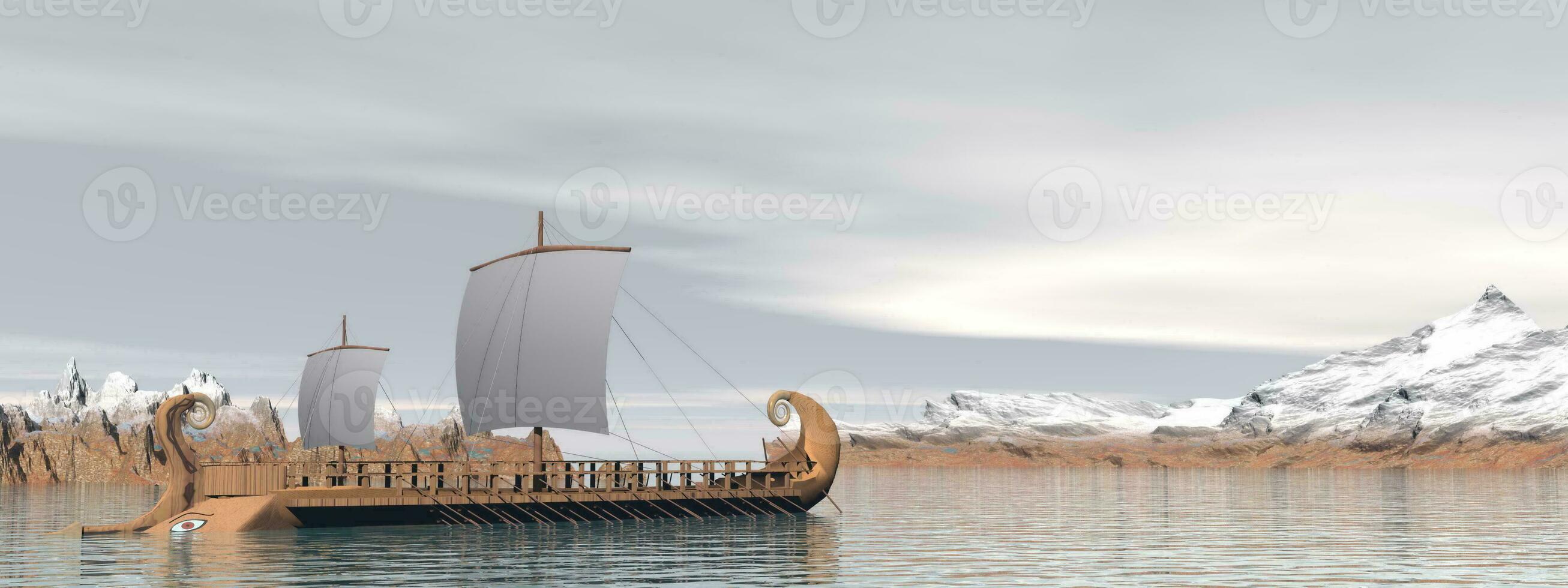 Greek trireme boats - 3D render photo