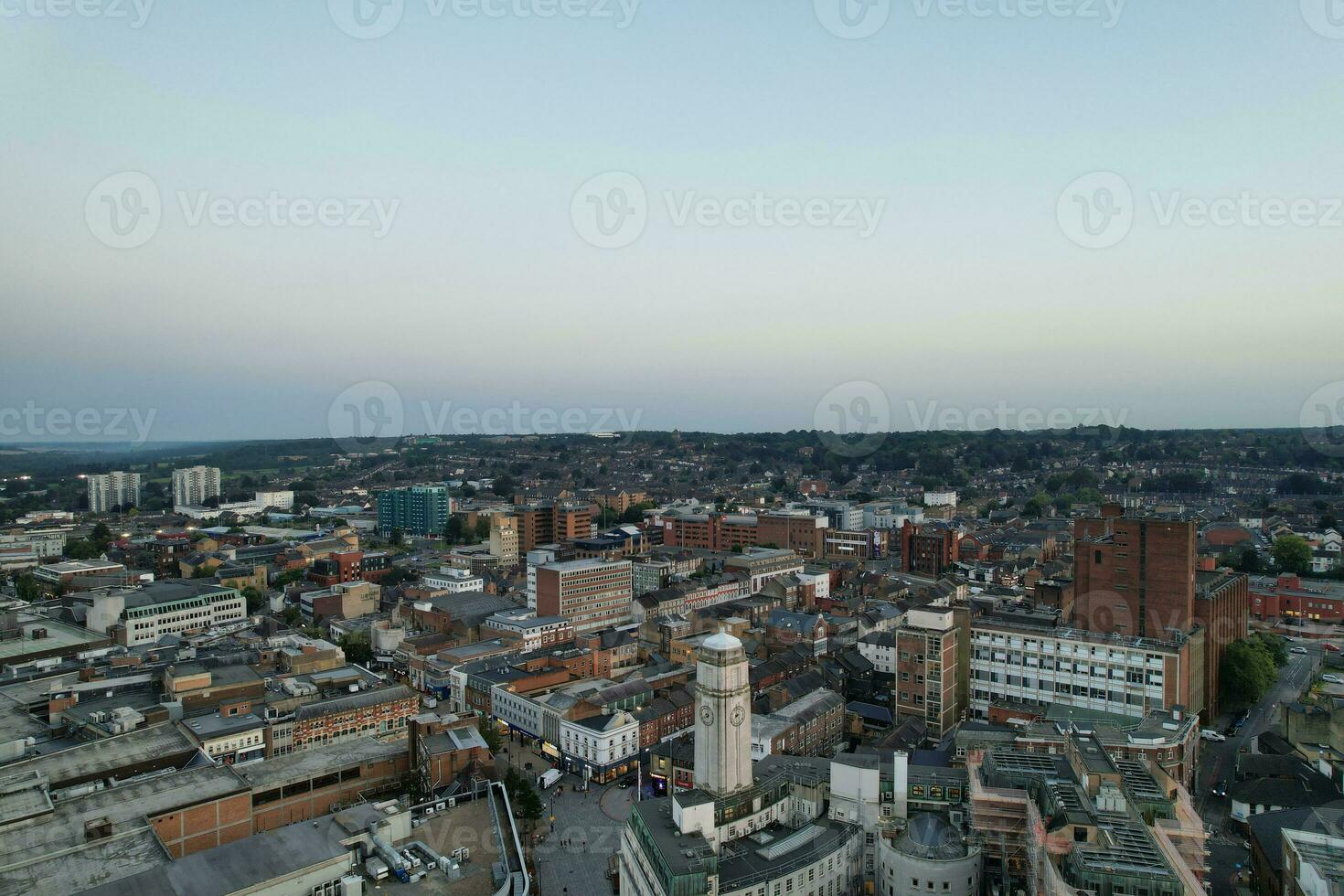 Aerial View of Illuminated Downtown Buildings, Roads and Central Luton City of England UK at Beginning of Clear Weather Night of September 5th, 2023 photo