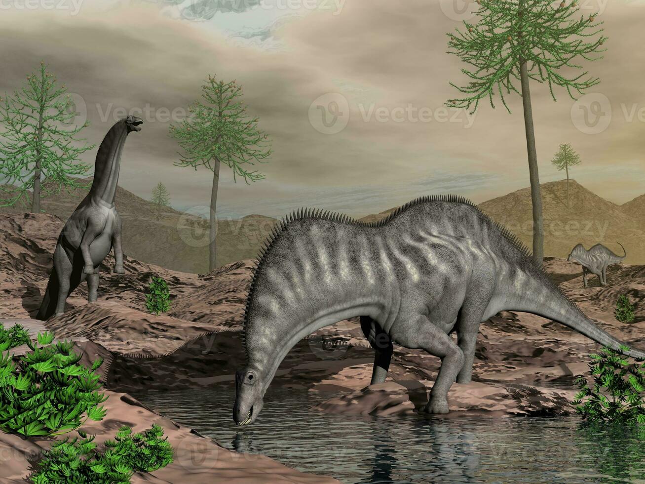 Amargasaurus dinosaur herd going to drink - 3D render photo