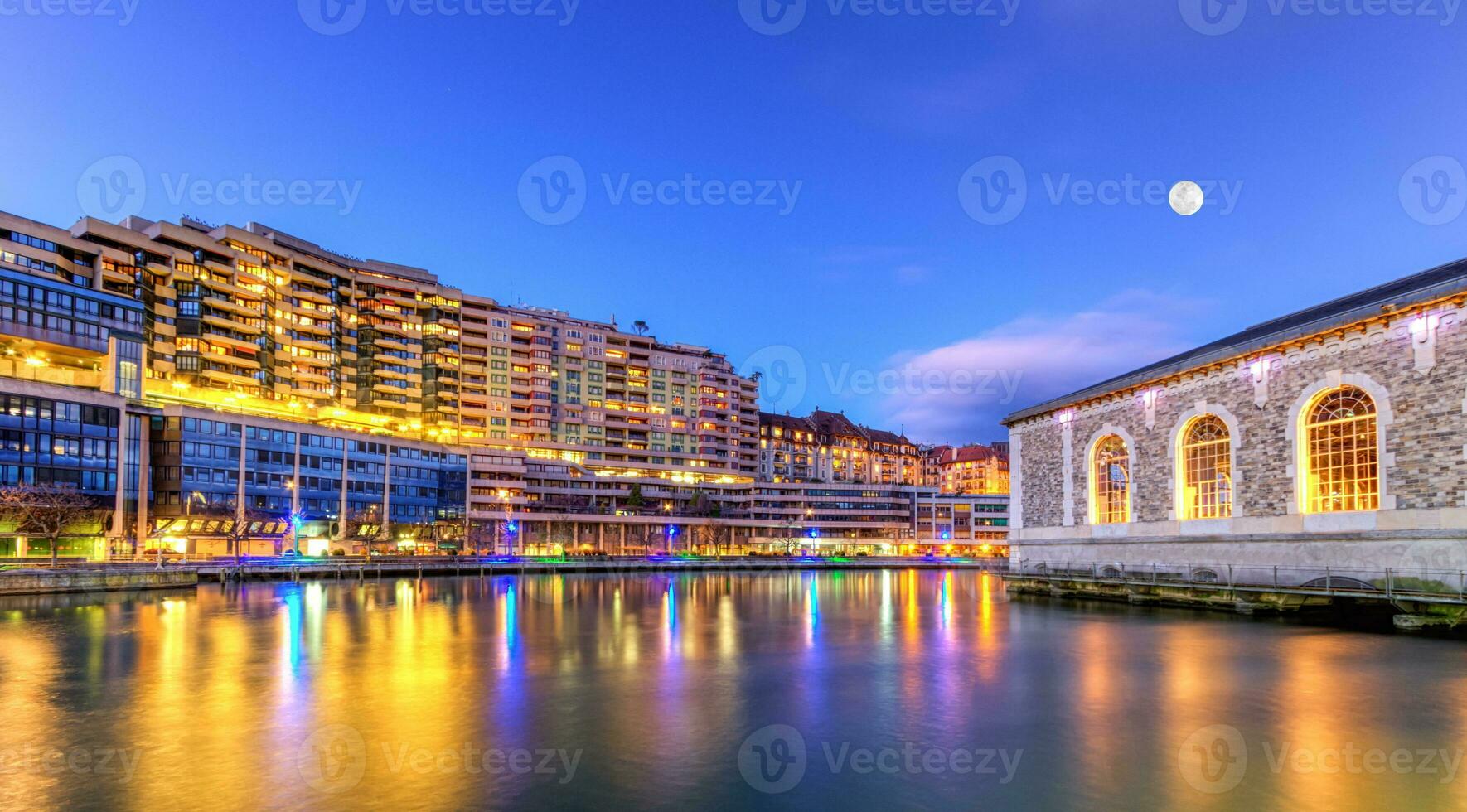 BFM, buildings and Rhone river, Geneva, Switzerland, HDR photo