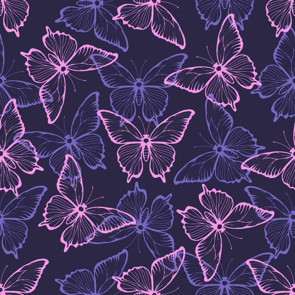 Pink and blue butterflies on a dark background. Seamless pattern of moths. vector
