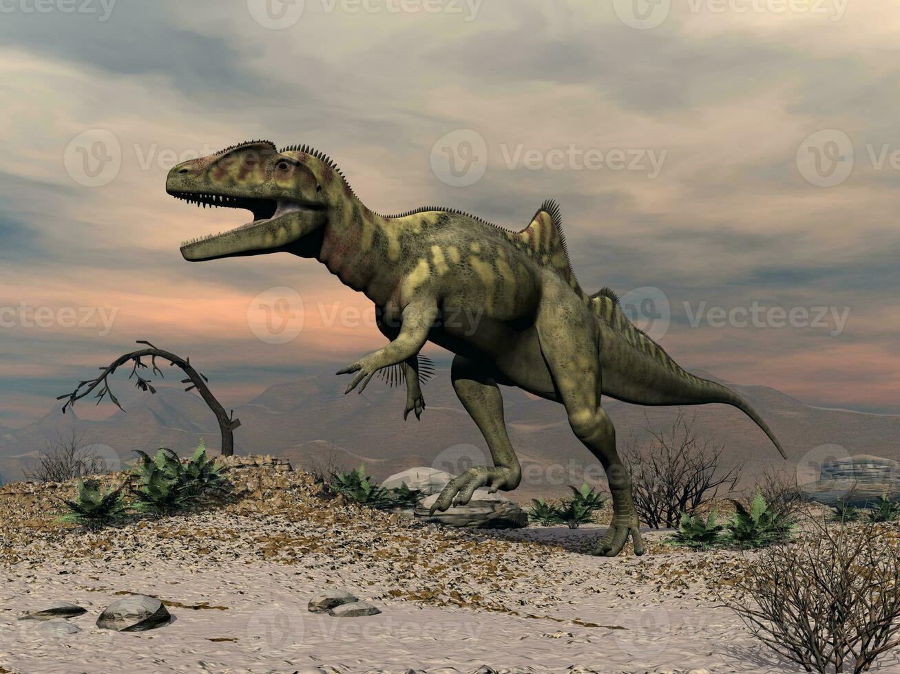 Concavenator dinosaur walking in the desert - 3D render photo