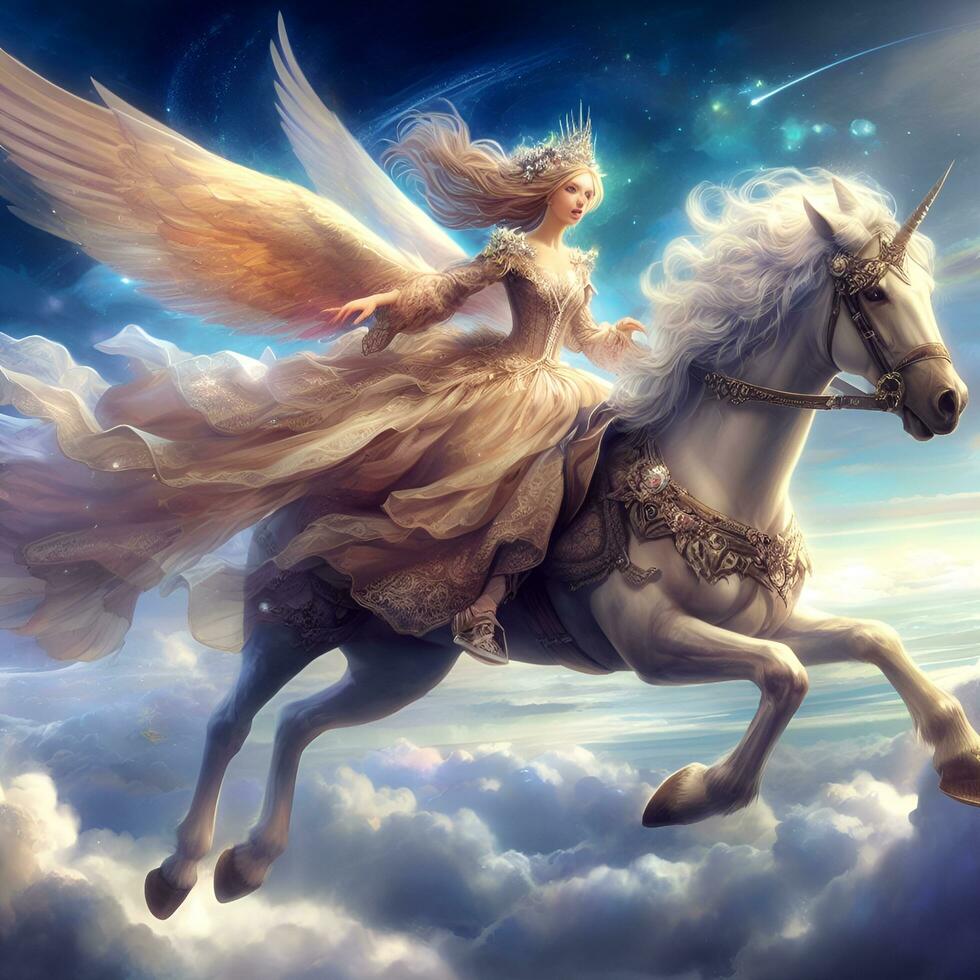 encantado ecuestre se eleva, majestuoso princesa montando el cielo en un con alas corcel. ai generado foto